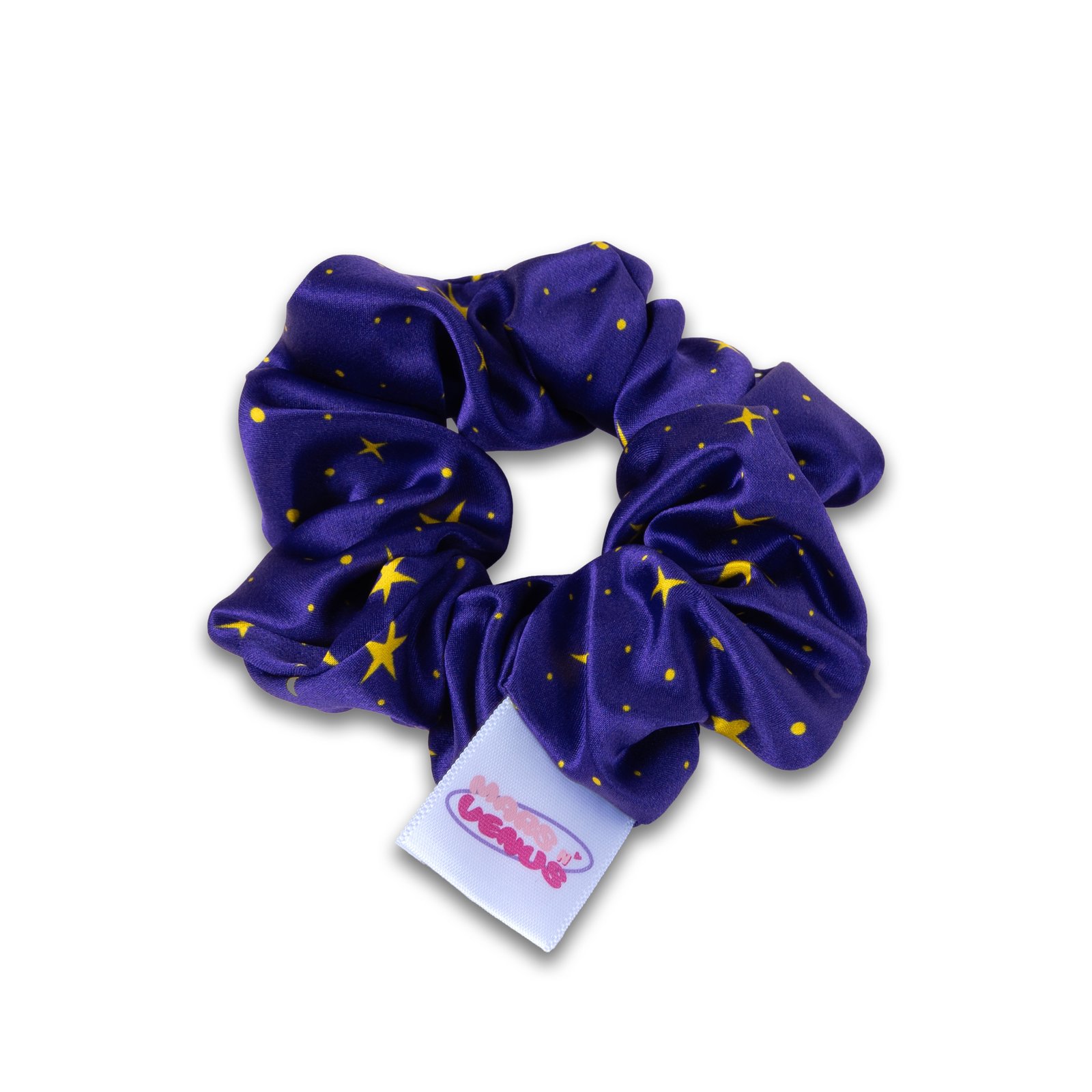 Photograph of Cute Mars N' Venus (MnV) starry silk hair scrunchie; featuring a Mars N' Venus (MnV) logo label.