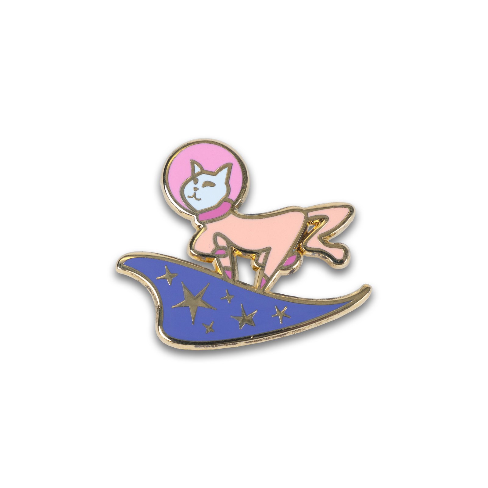 Photograph of Cute Cat Astronaut (Catstronaut) hard enamel pin, walking on stars.